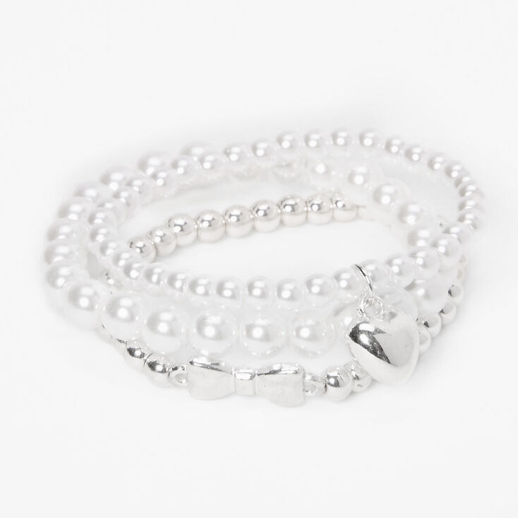 Claire&#39;s Club Special Occasion Silver Heart Pearl Bracelets &#40;3 Pack&#41;,