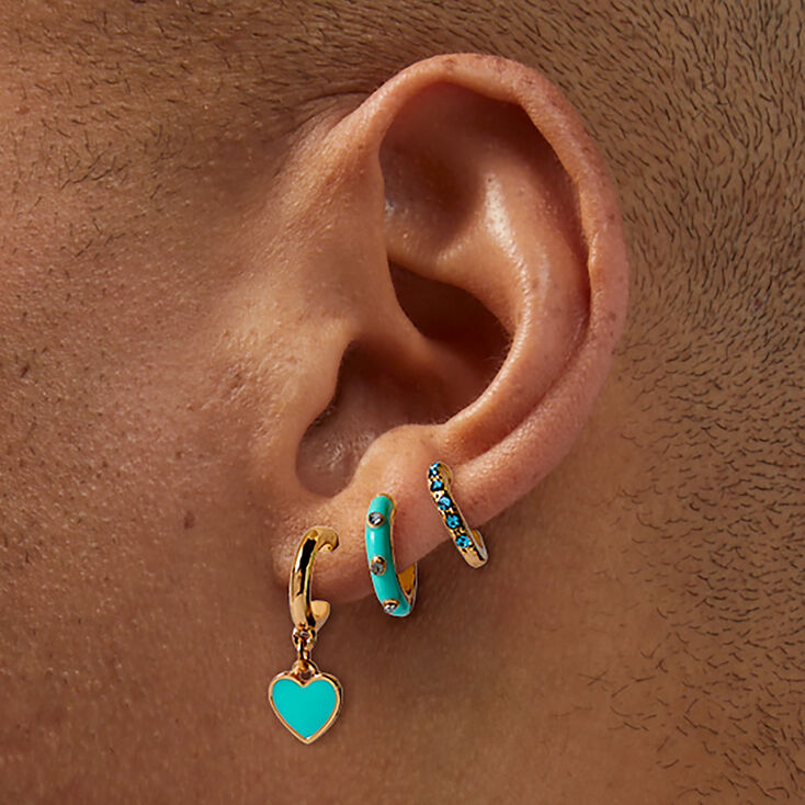 Boucles d&rsquo;oreilles superposables cr&eacute;oles couleur dor&eacute;e c&oelig;ur vert menthe - Lot de 3,