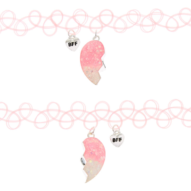 Best Friends Heart Tattoo Choker Necklaces - Pink, 2 Pack,