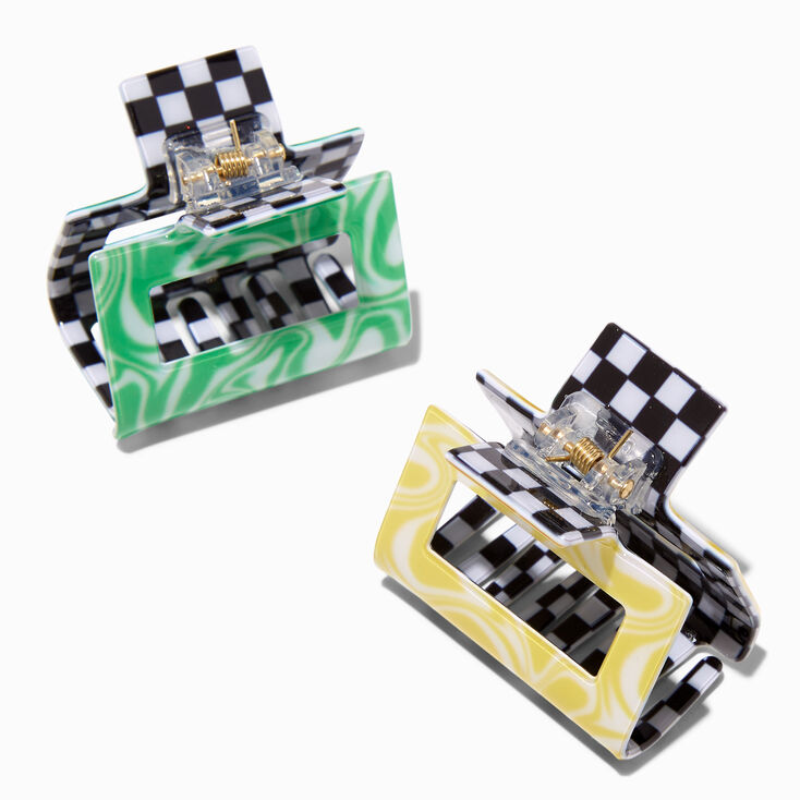 Black Checks Green Swirls Rectangle Hair Claws - 2 Pack,