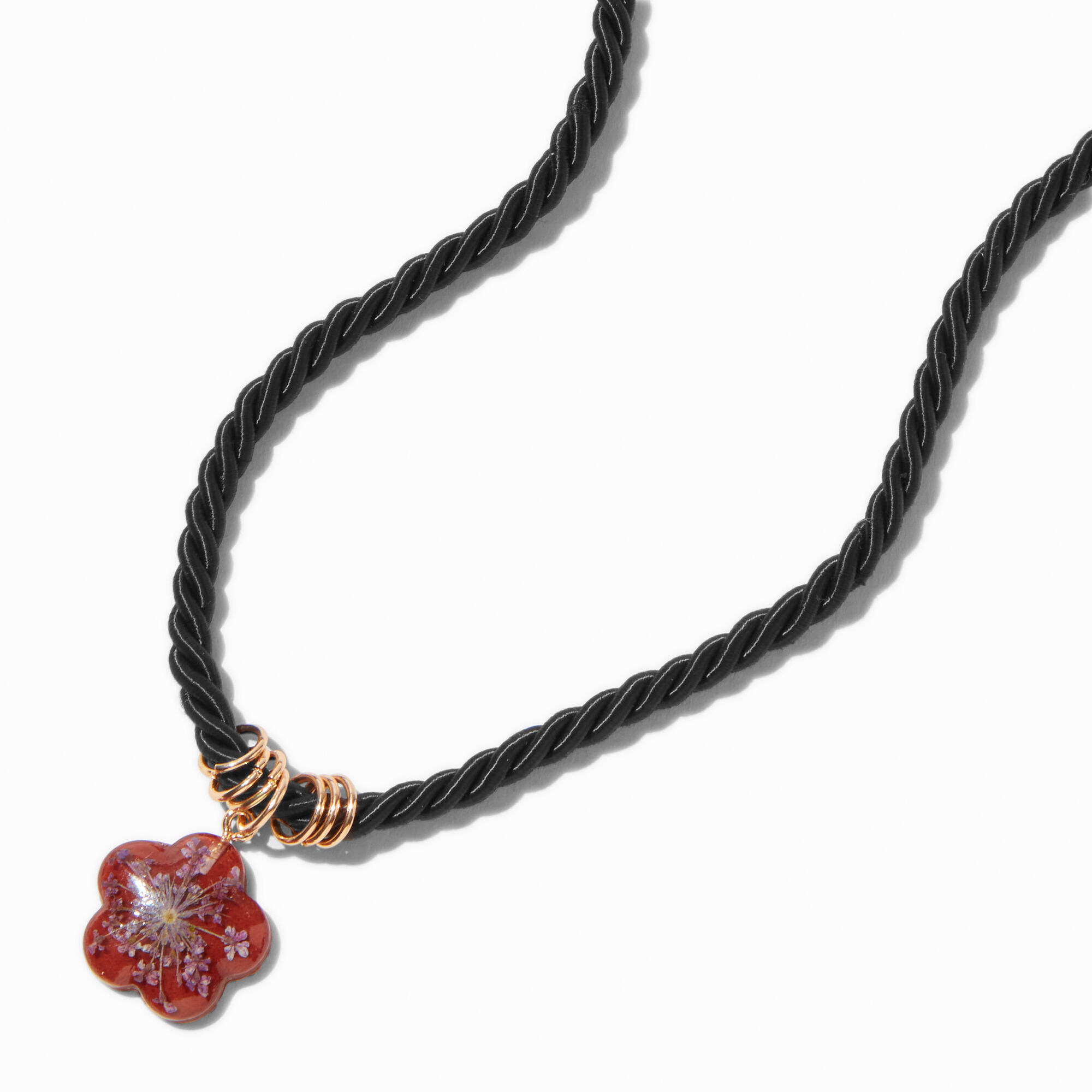 View Claires Dried Flower Pendant Black Chunky Cord Necklace Red information
