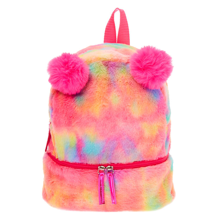 Faux Fur Rainbow Pom Pom Small Backpack,