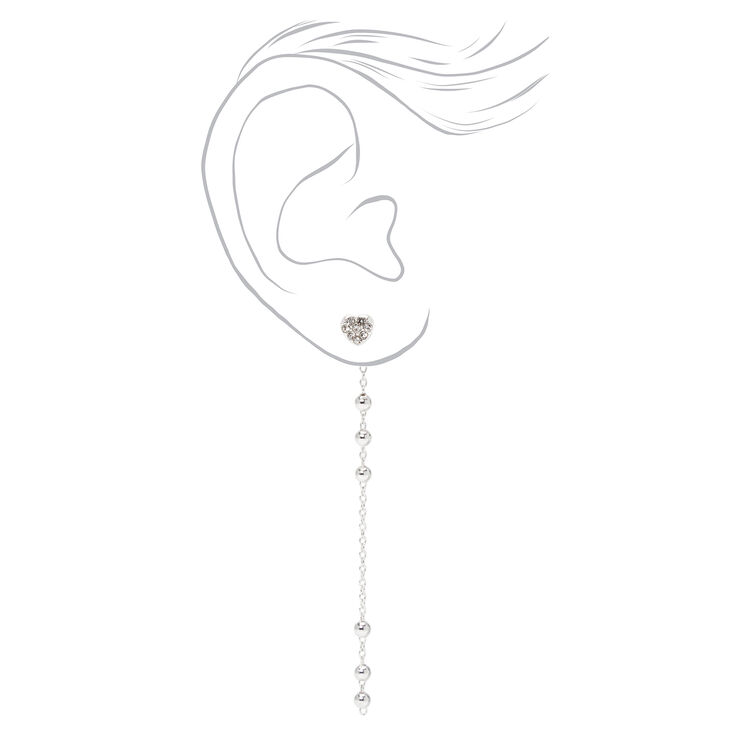 Silver 3&quot; Crystal Heart Front and Back Drop Earrings,