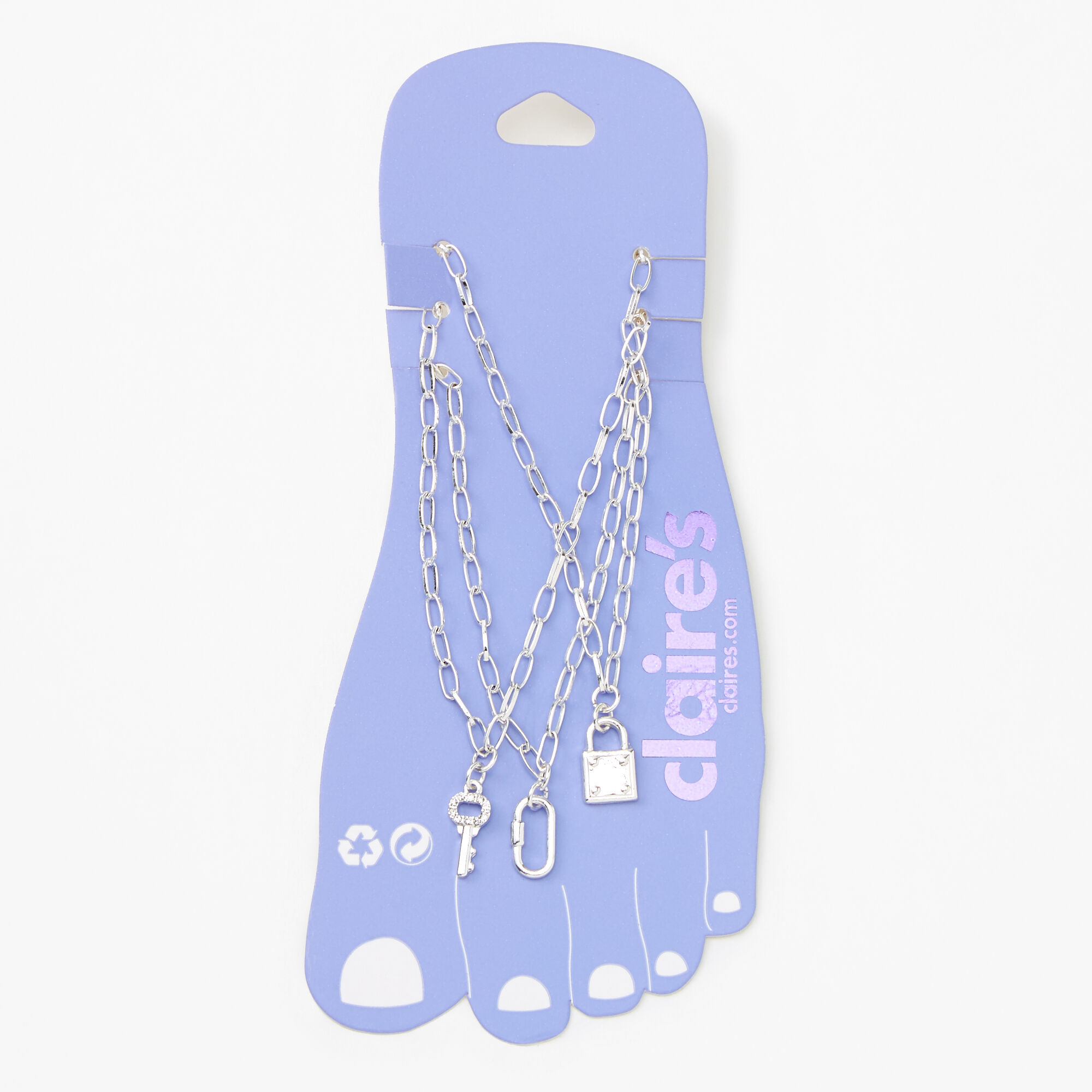 Silver Lock & Key Chain Anklets - 3 Pack,