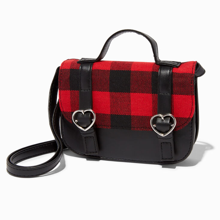 Claire&#39;s Club Buffalo Check Heart Buckle Crossbody Bag,