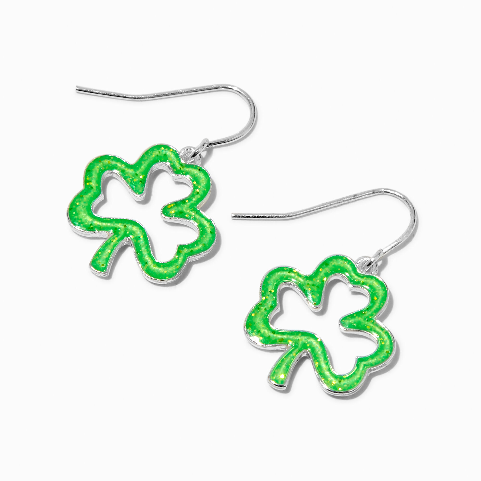 View Claires Glitter Shamrock Outline Drop Earrings Silver information
