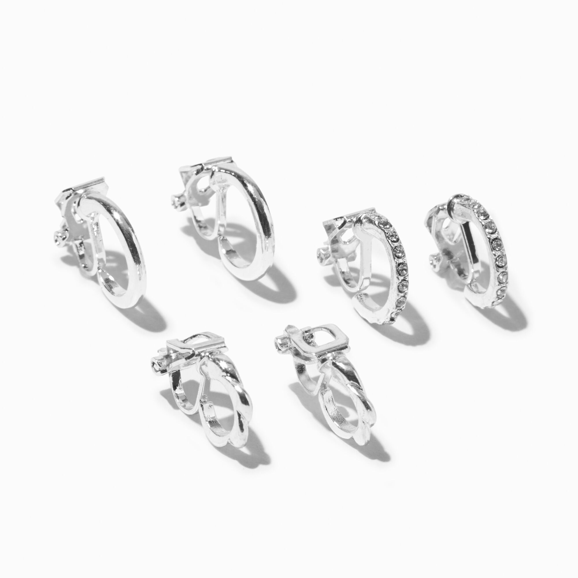 View Claires Tone Embellished Crystal Clip On Huggie Hoop Earrings 3 Pack Silver information