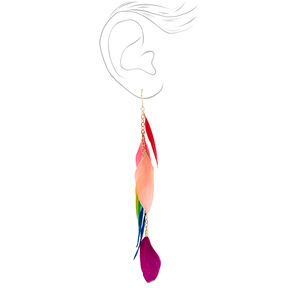 Gold 6&quot; Neon Rainbow Feather Chain Drop Earrings,