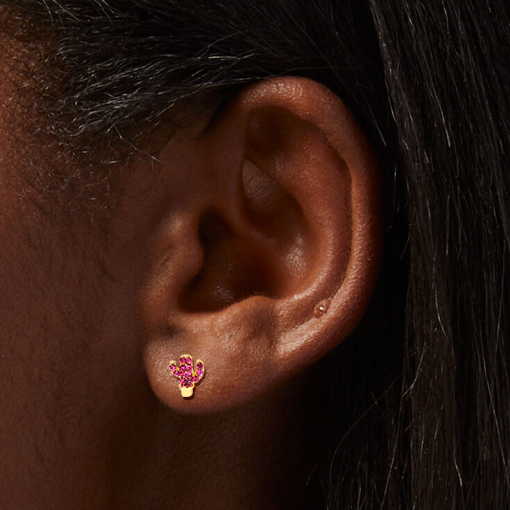 18K Gold Plated Cowgirl Hat &amp; Pink Cactus Stud Earrings - 2 Pack,