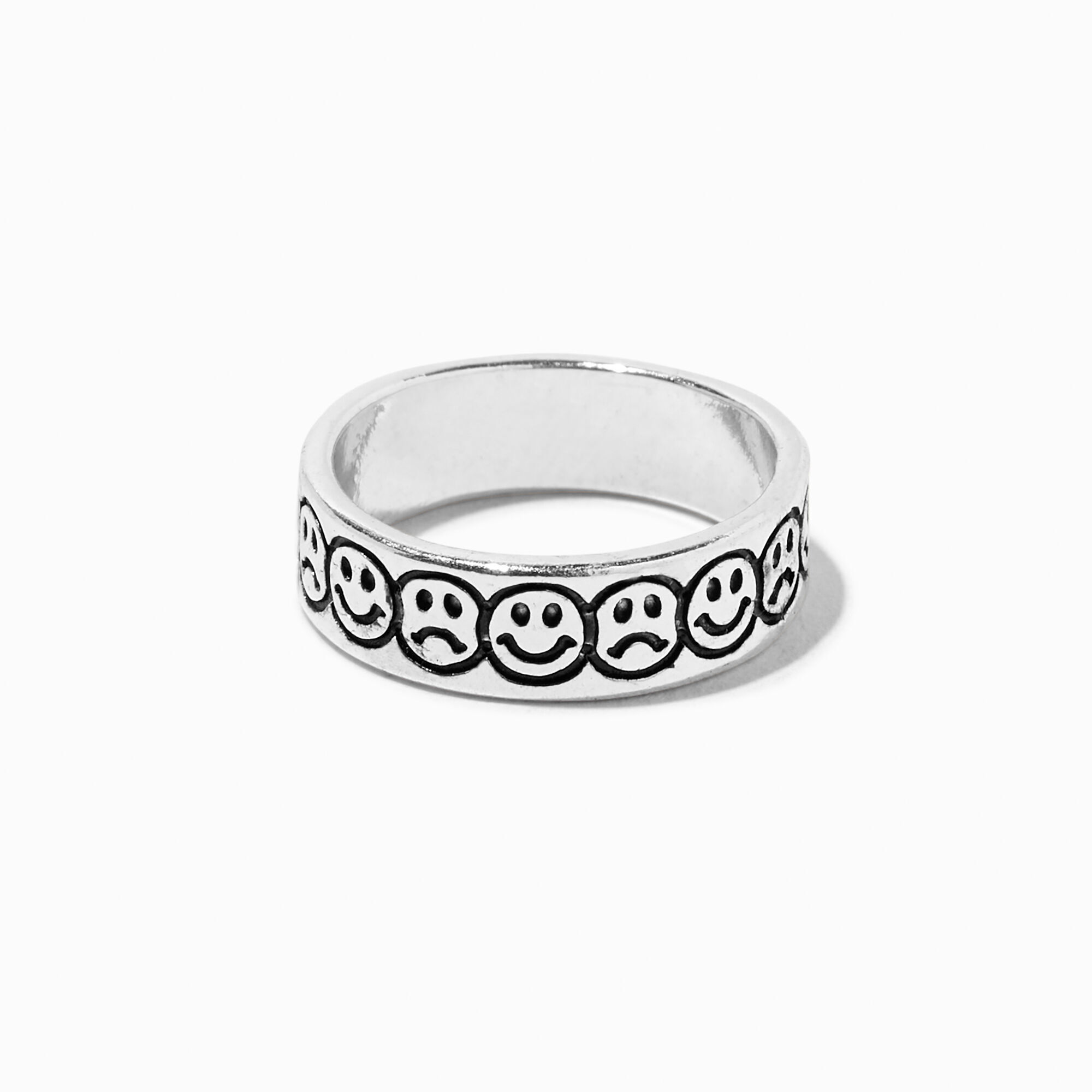 View Claires Tone Happy Sad Face Band Ring Silver information
