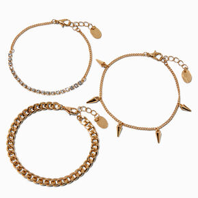 Gold-tone Crystal Cup Chain Spike Bracelets - 3 Pack ,