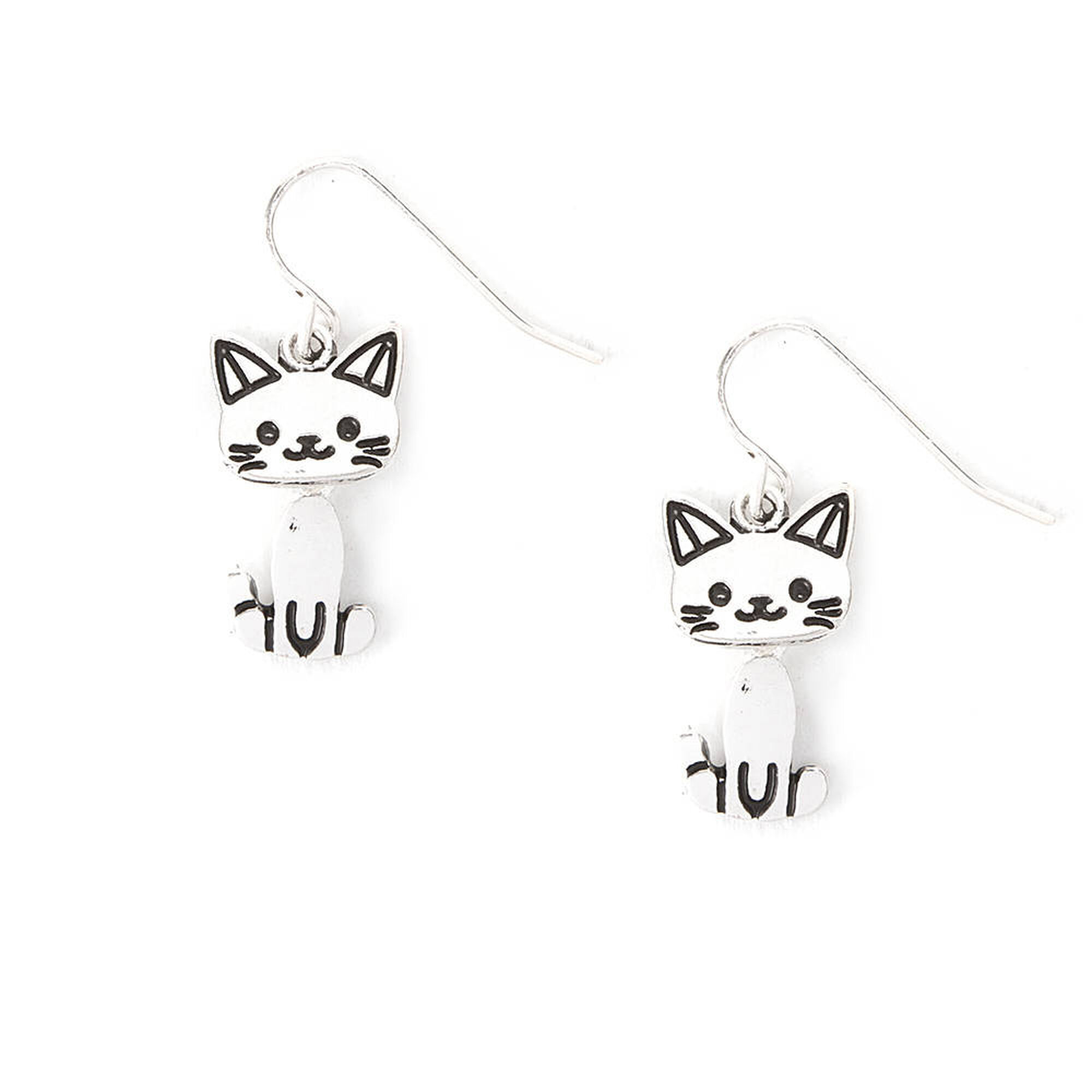 View Claires SilverTone Moving Cat Drop Earrings White information