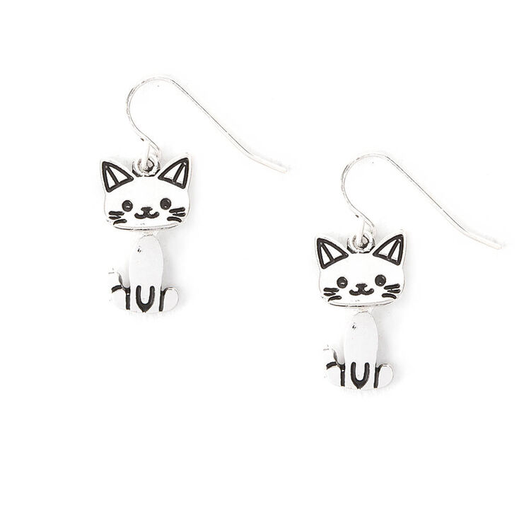 Boucles d&#39;oreilles pendantes chat couleur argent&eacute;,