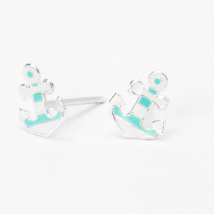Sterling Silver Striped Anchor Stud Earrings - Blue,