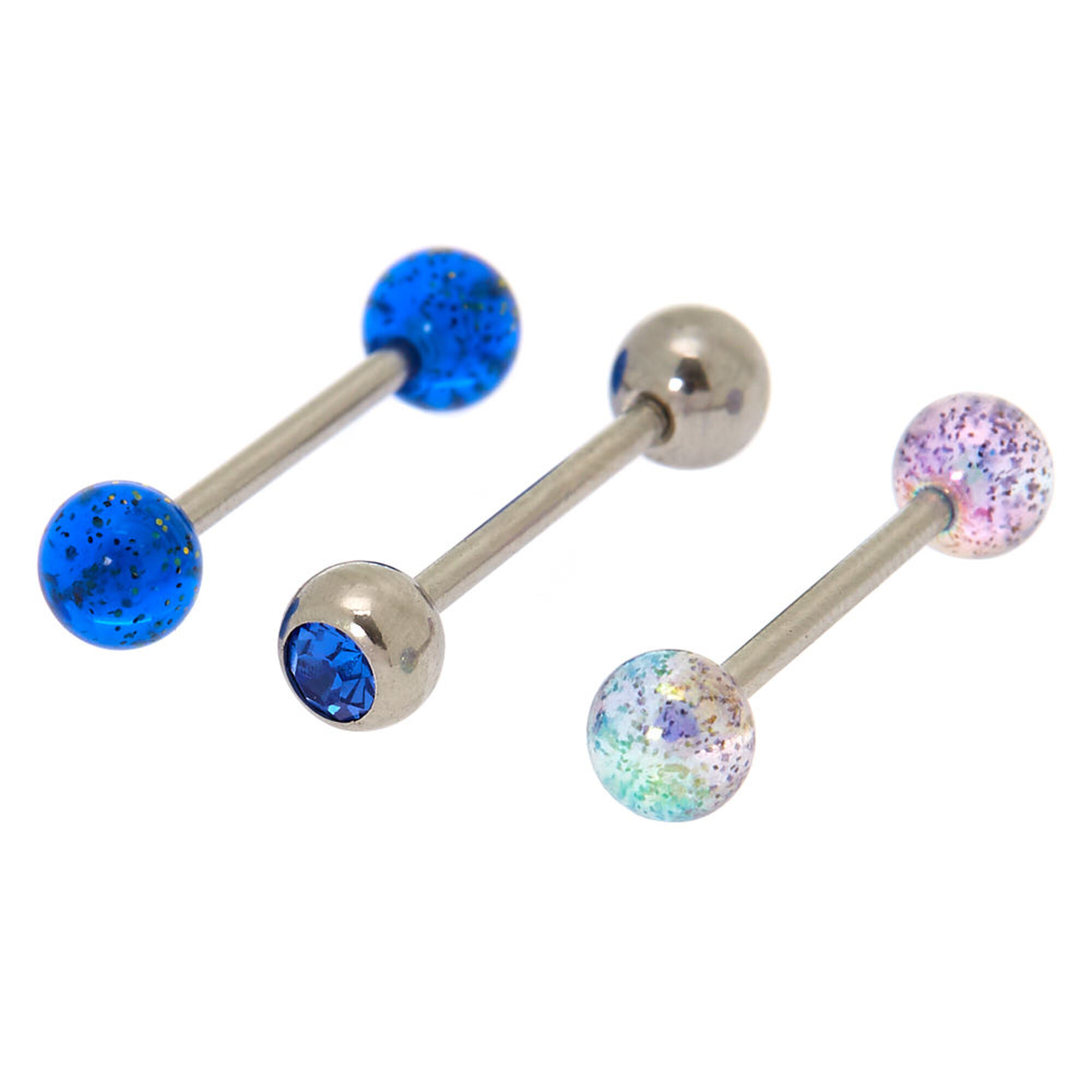 View Claires Tone 14G Mystical Barbell Tongue Rings 3 Pack Silver information