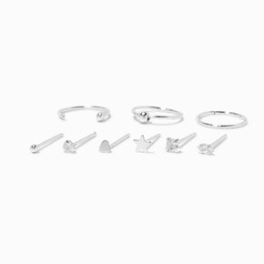 22G Sterling Silver Dainty Crystal Nose Studs &amp; Hoop - 9 Pack,