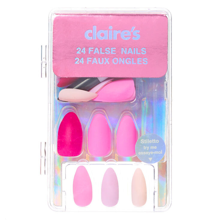 Faux ongles stiletto mats nuances roses assorties - Lot de 24,