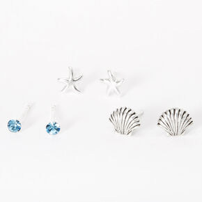 Sterling Silver Seashell Starfish Stud Earrings - Blue, 3 Pack,