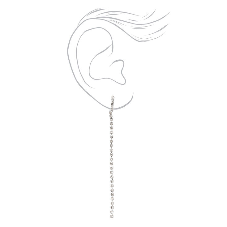 Silver Crystal Linear Drop Hoop Earrings,