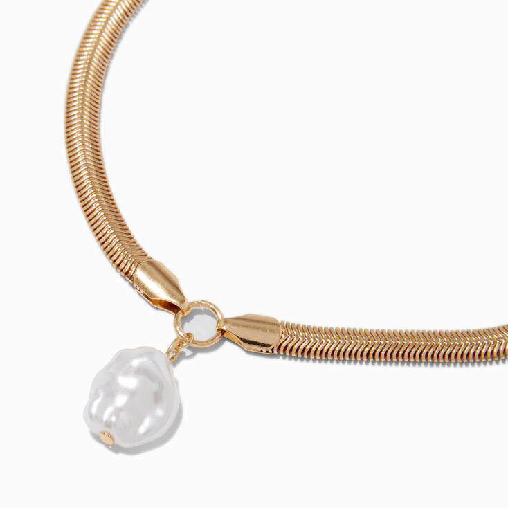 Gold-tone Herringbone Pearl Pendant Necklace ,