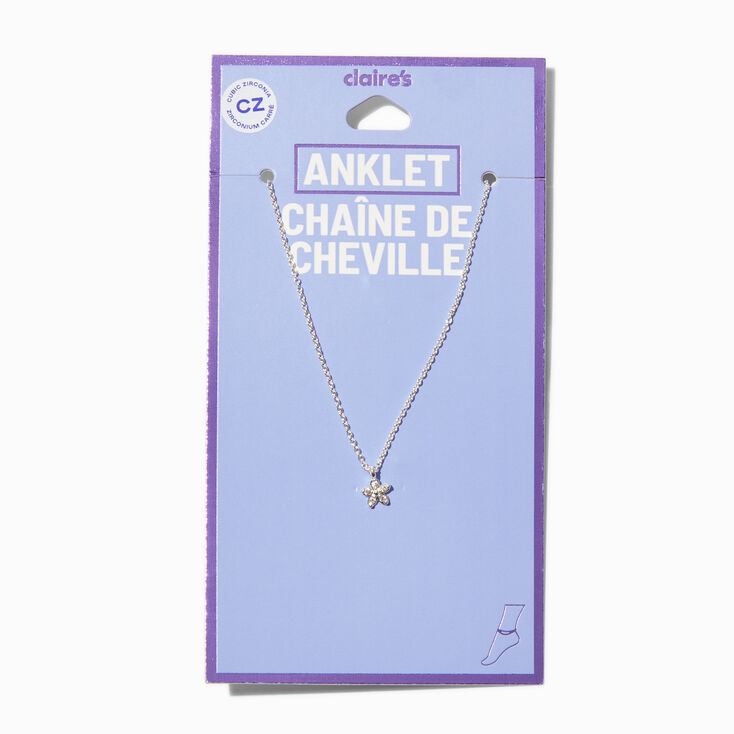 Silver-tone Cubic Zirconia Dainty Flower Chain Anklet,