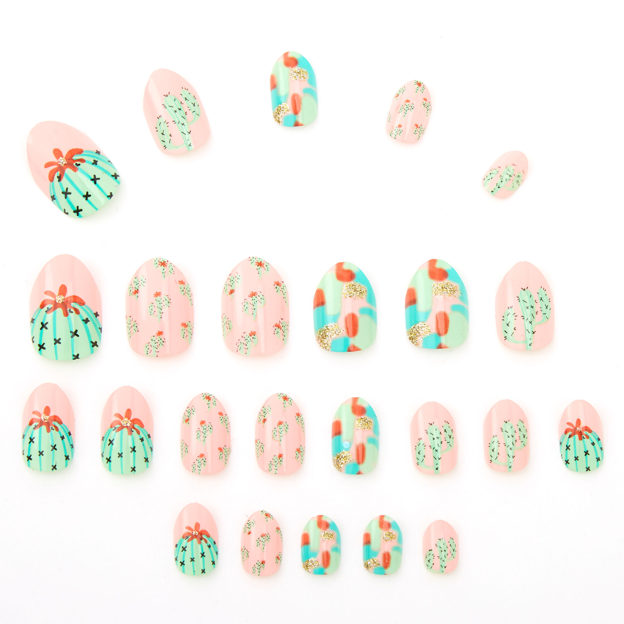 Cactus Stiletto Press On Faux Nail Set - Pink, 24 Pack,