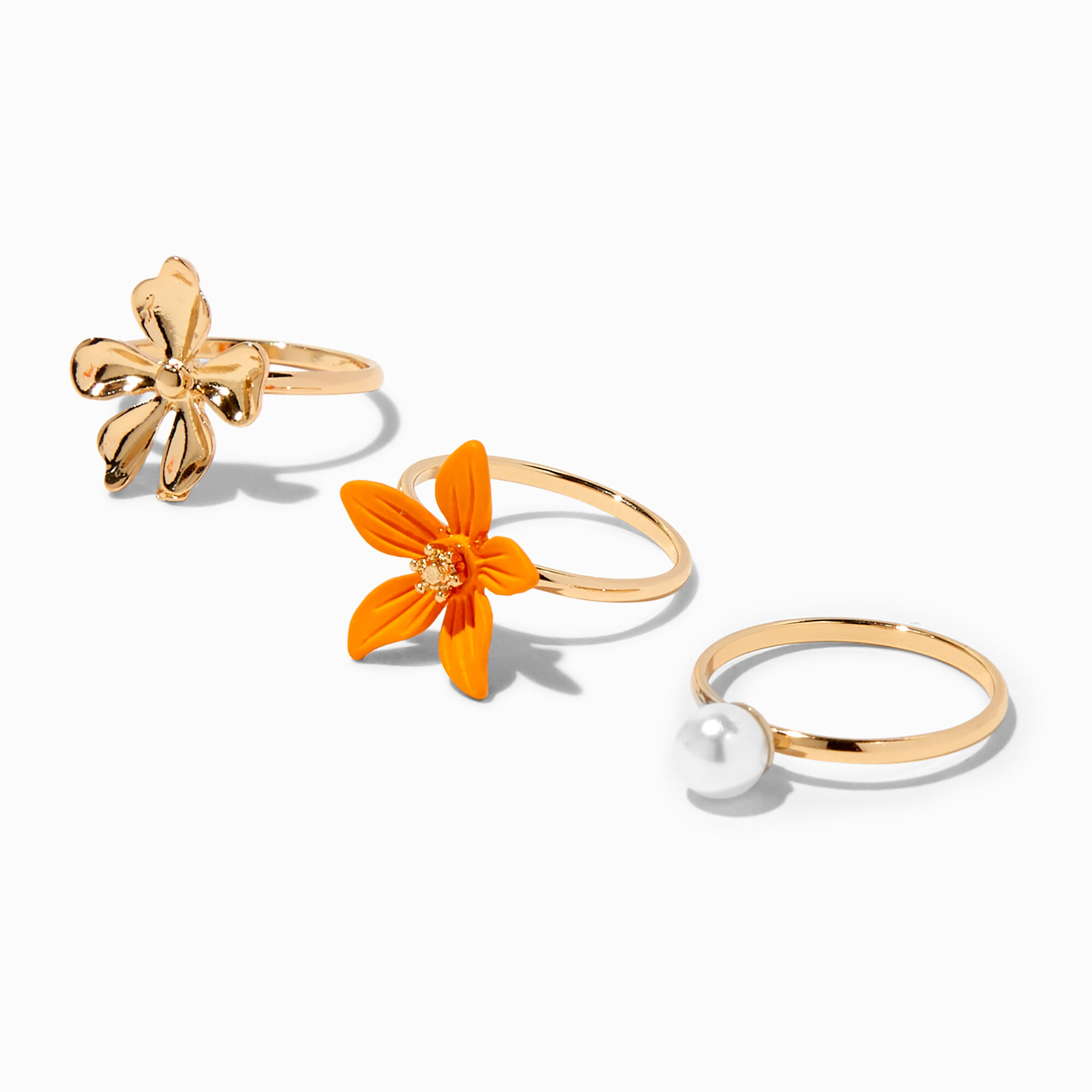 View Claires Flower Pearl Gold Ring Set 3 Pack Orange information
