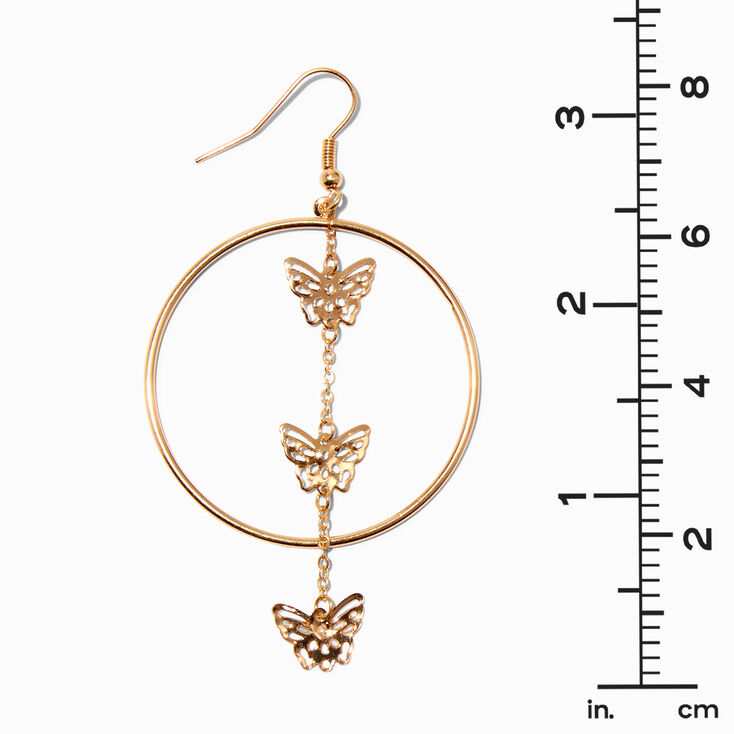 Gold 3&quot; Triple Butterfly Linear Drop Hoop Earrings,