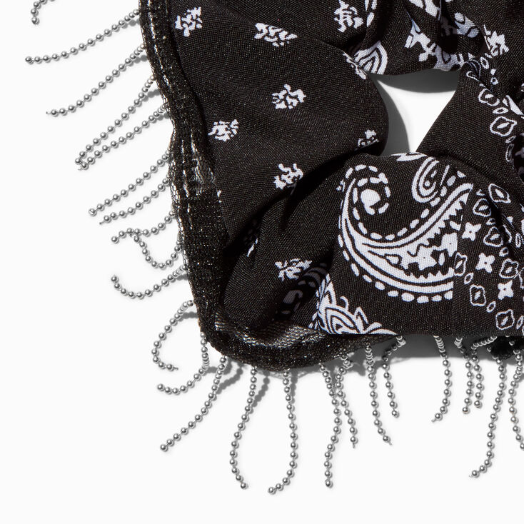 Black Bandana Print Chain Fringe Hair Scrunchie,