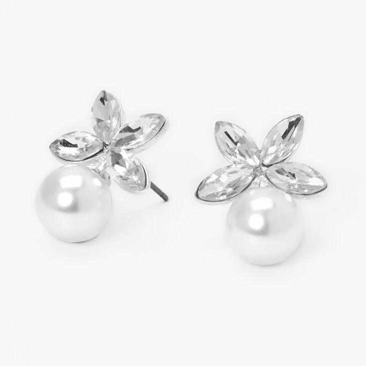 Silver-tone Pearl Leaf Stud Earrings,