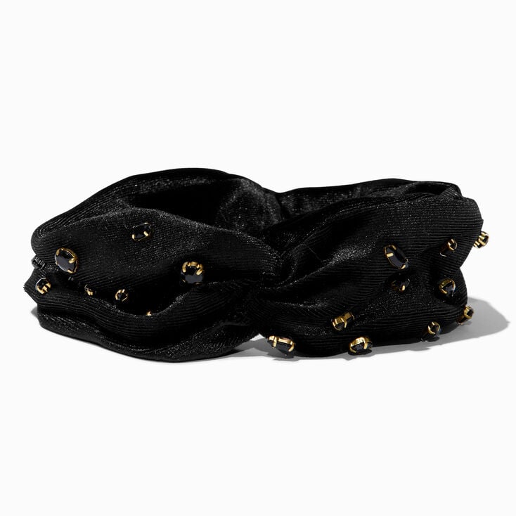 Black Velvet Gemstone Embellished Twisted Headwrap,
