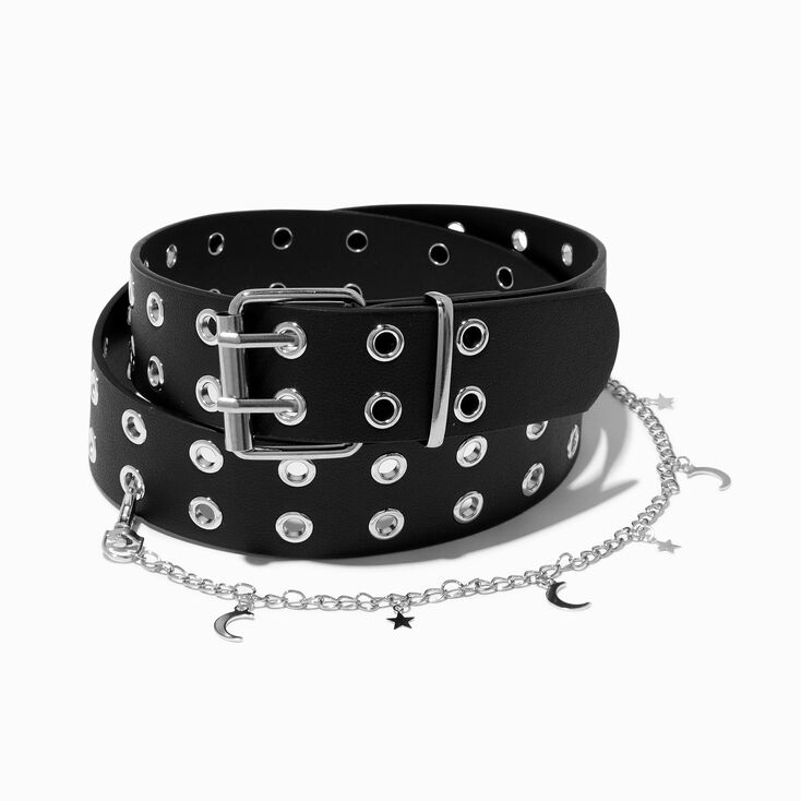 Celestial Chain Black Faux Leather Belt,