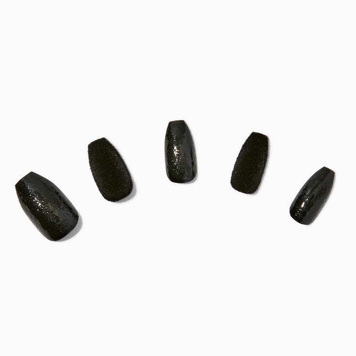Black Flocked Glitter Coffin Vegan Faux Nail Set - 24 Pack,