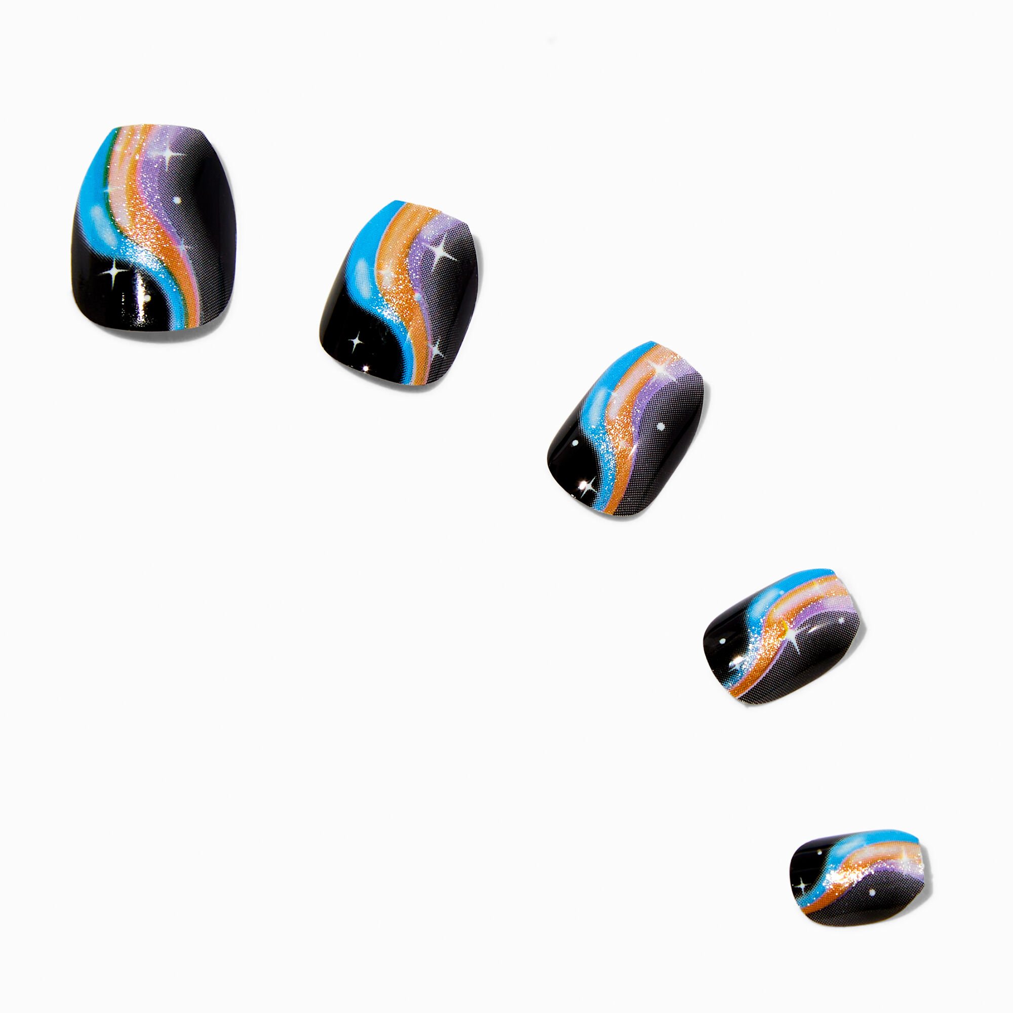 Multicolored Squiggle Black Coffin Vegan Press On Faux Nail Set - 24 Pack,