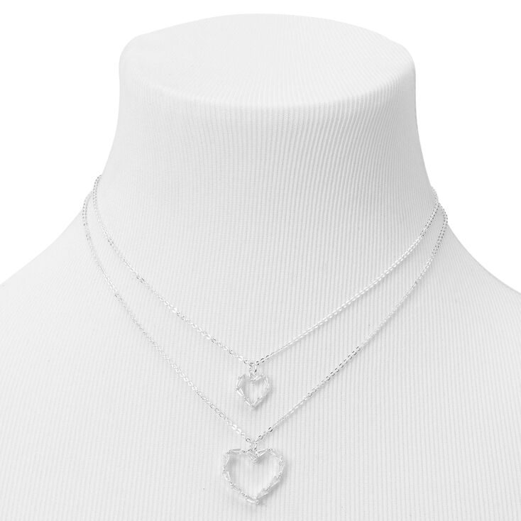 Silver Cubic Zirconia Double Heart Multi Strand Necklace,