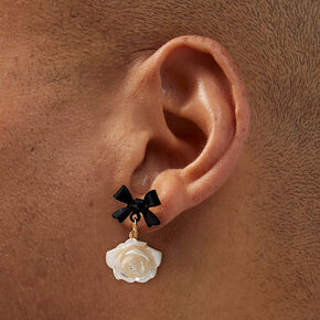 Black Bow Ivory Carved Rose Stud Earrings,