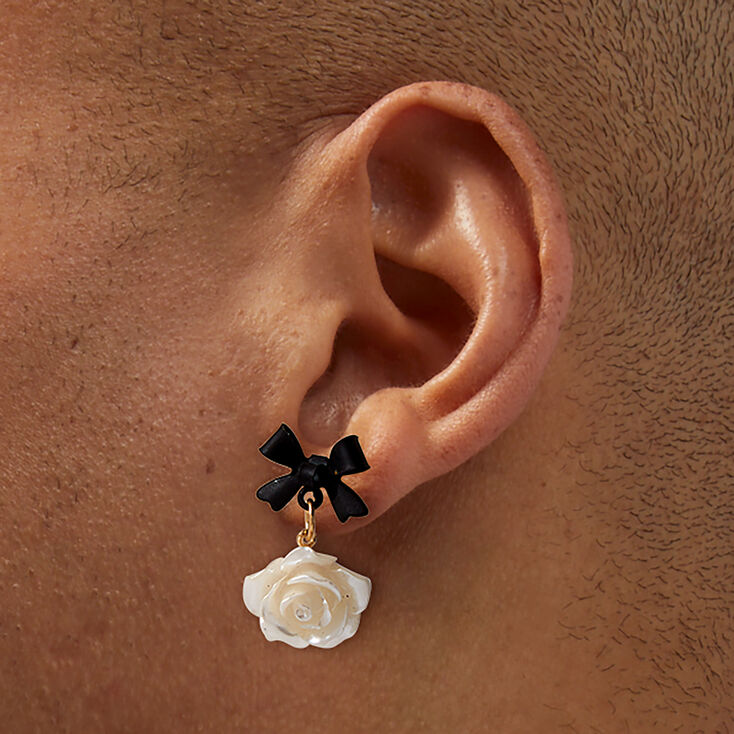 Black Bow Ivory Carved Rose Stud Earrings,