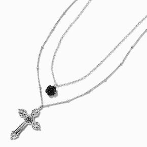 Collier multi-rangs croix et rose sculpt&eacute;e couleur argent&eacute;e,