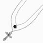 Collier multi-rangs croix et rose sculpt&eacute;e couleur argent&eacute;e,