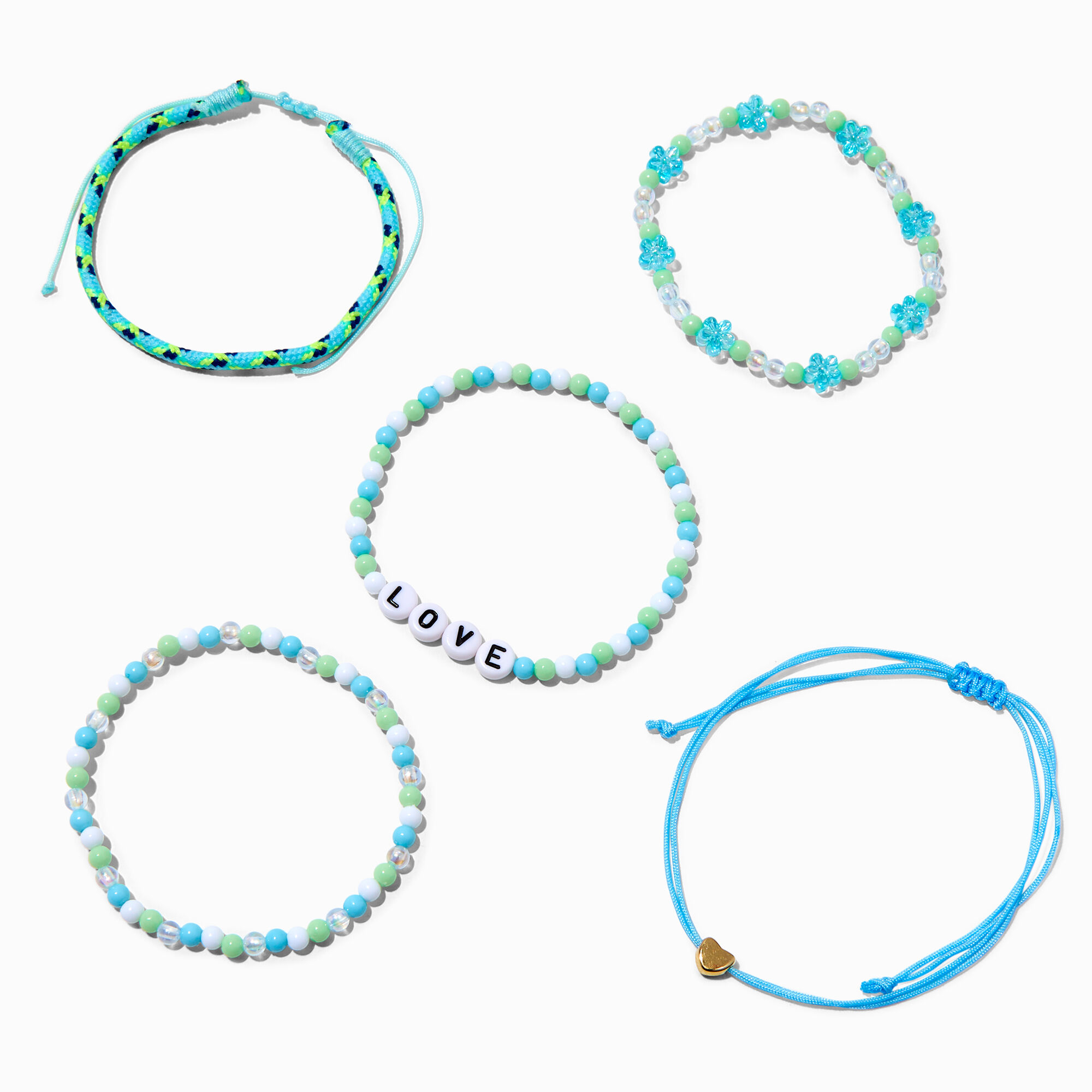 View Claires Love Beaded Stretch Bracelet Set 5 Pack Turquoise information