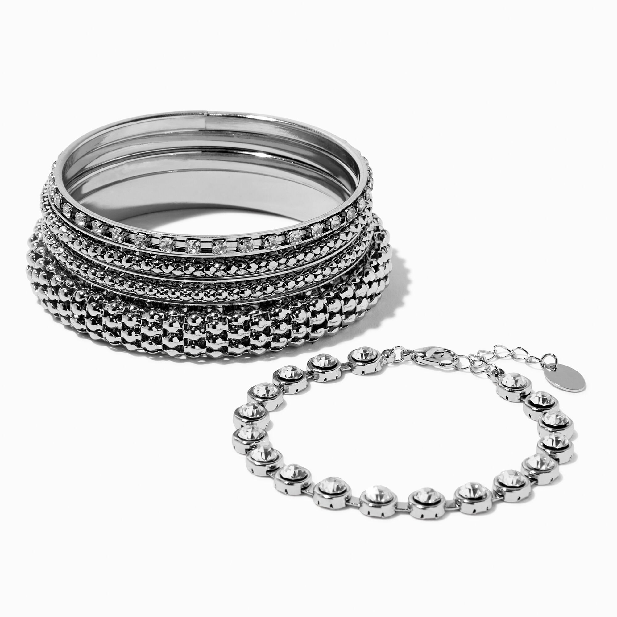 View Claires Tone Rhodium Crystal Bangle Bracelets 5 Pack Silver information