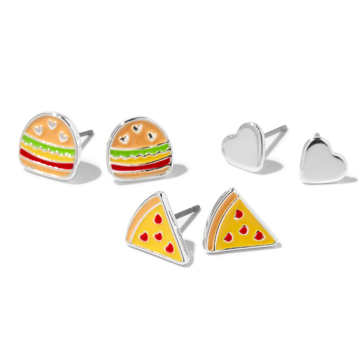 Silver Heart Pizza &amp; Burger Stud Earrings &#40;3 Pack&#41;,