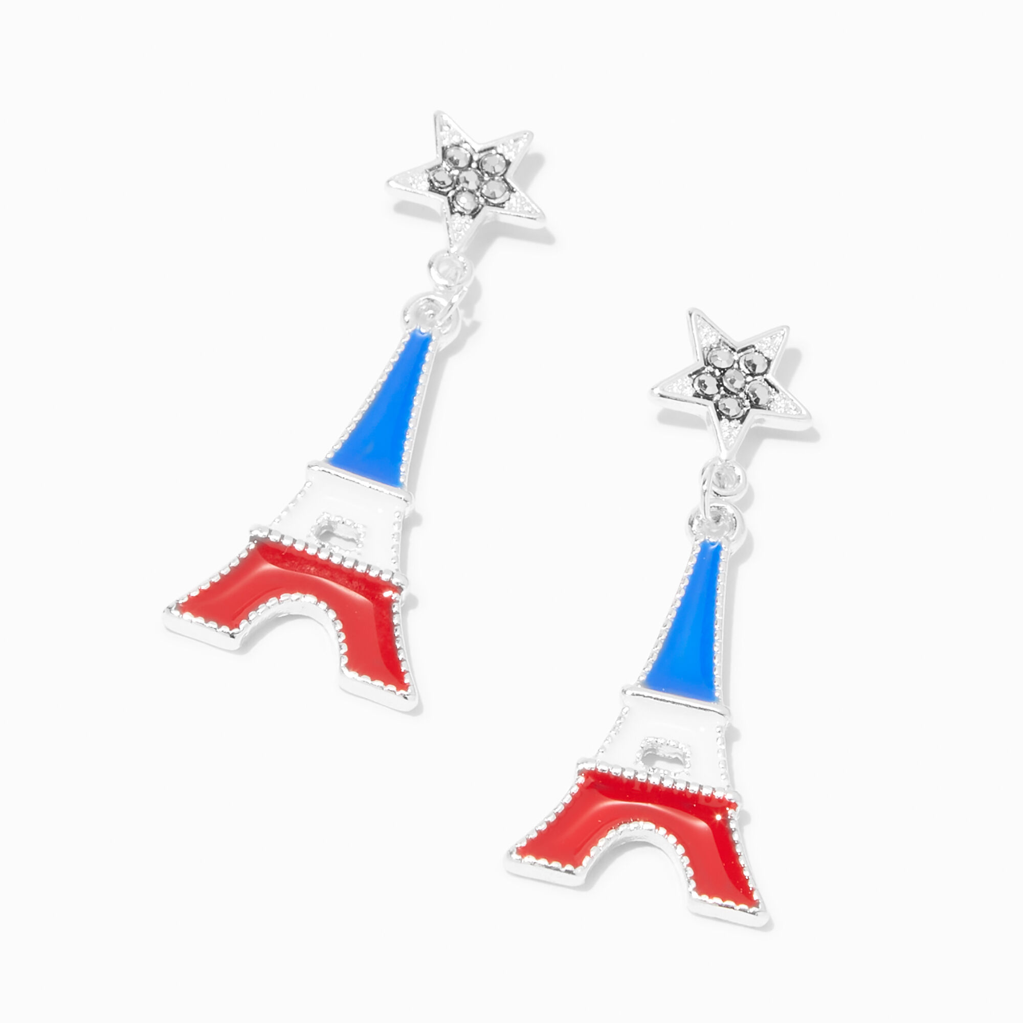 View Claires Blue White Eiffel Tower Drop Earrings Red information
