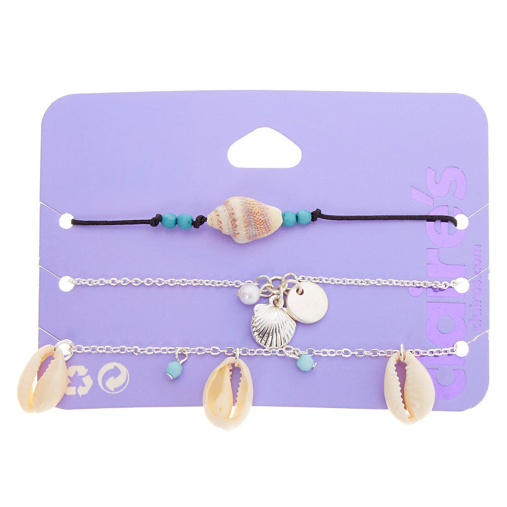 Silver Cowrie Shell Chain Bracelets - Turquoise, 3 Pack,