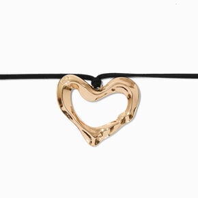 Gold-tone Textured Heart Pendant Black Cord Choker Necklace ,