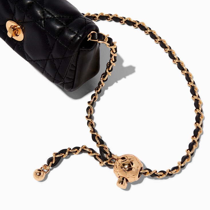 Gold-tone Black Quilted Belt Bag ,