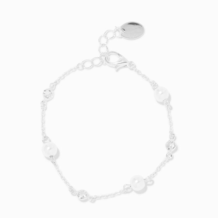 Silver-tone Cubic Zirconia &amp; Pearl Chain Bracelet,