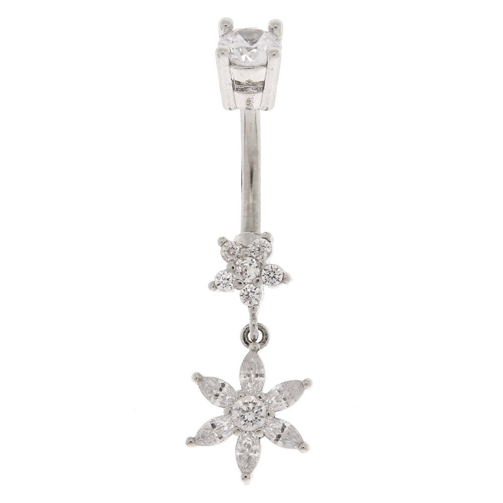 Silver 14G Flower Dangle Belly Ring,