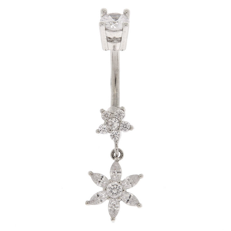 Silver 14G Flower Dangle Belly Ring,
