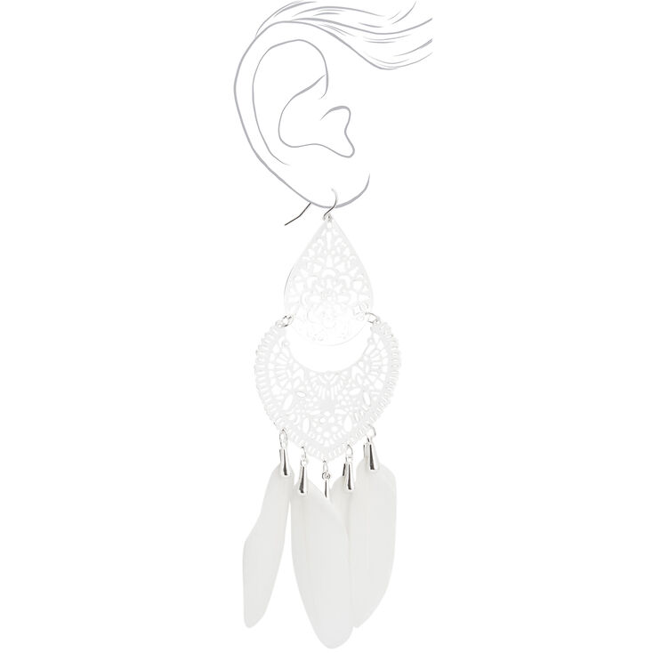 Silver 6&quot; Filigree Feather Drop Earrings - White,